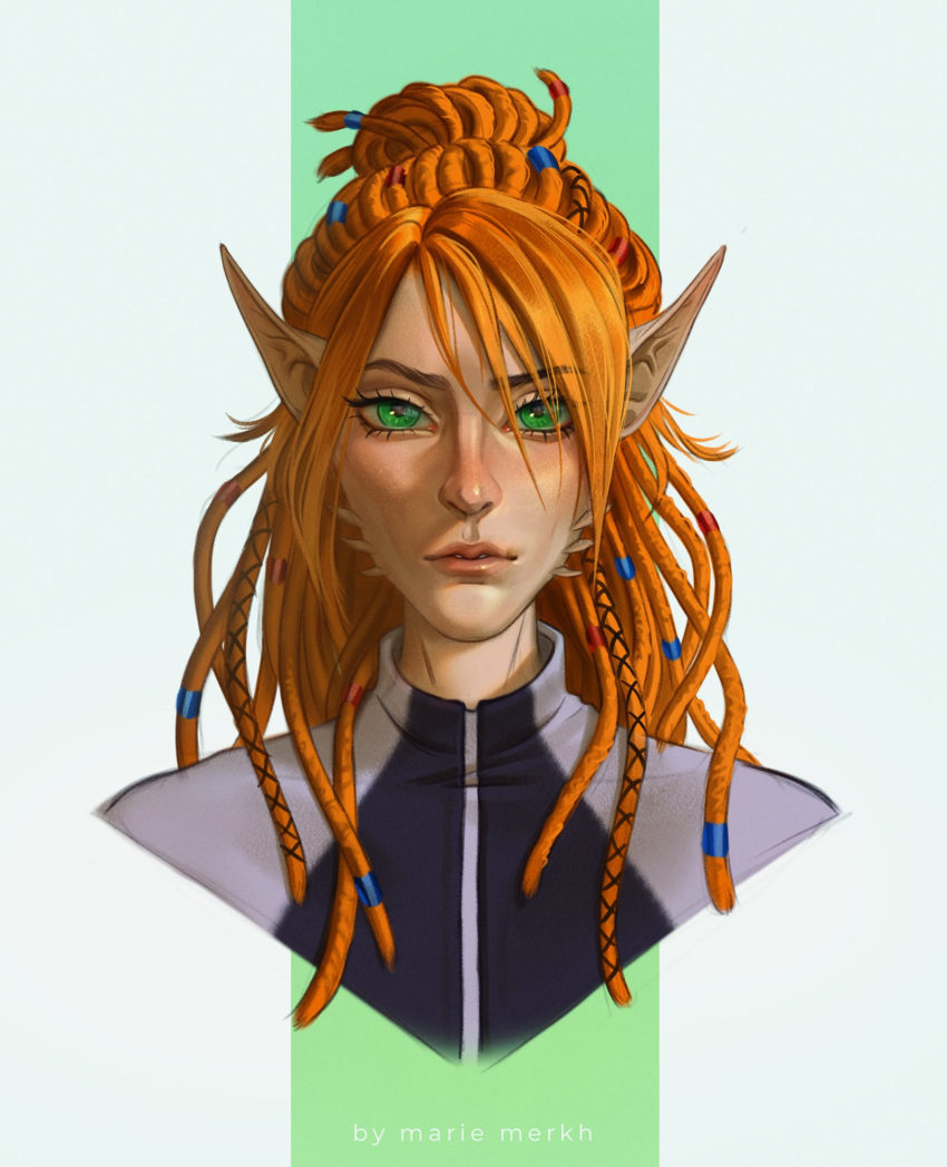 bust_portrait clothed clothing dreadlocks female front_view glistening glistening_eyes green_eyes hair hi_res humanoid humanoid_pointy_ears long_hair looking_at_viewer marie_merkh orange_hair portrait simple_background solo tan_body tan_skin