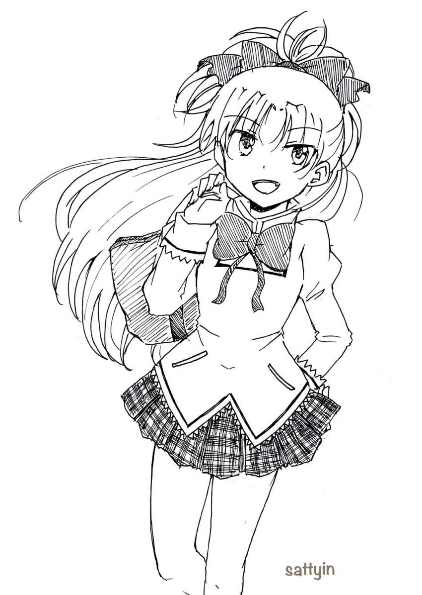 1girl arm_behind_back artist_name bag bow bowtie fang floating_hair hair_bow handbag highres holding holding_bag long_hair looking_at_viewer mahou_shoujo_madoka_magica mahou_shoujo_madoka_magica_(anime) mitakihara_school_uniform monochrome open_mouth plaid plaid_skirt sakura_kyouko sattyin school_uniform simple_background sketch skirt solo standing white_background