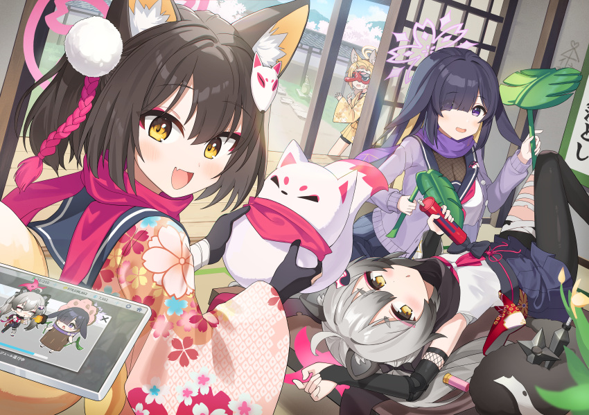 4girls absurdres animal_ear_fluff animal_ears bandages black_hair blue_archive blush day eye_mask fang fishnets floral_print fox_ears fox_girl fox_hair_ornament fox_tail gradient_hair grey_hair hair_ornament hair_over_one_eye halo highres holding izuna_(blue_archive) japanese_clothes long_hair looking_at_viewer lying mask mearyo michiru_(blue_archive) multicolored_clothes multicolored_hair multiple_girls on_back open_clothes open_mouth orange_eyes pink_scarf pleated_skirt pom_pom_(clothes) pom_pom_hair_ornament purple_eyes purple_hair purple_scarf rabbit_ears raccoon_ears raccoon_girl raccoon_tail red_mask sailor_collar scarf school_uniform serafuku skin_fang skirt street_mouryo_(rl)_(blue_archive) sweat tablet_pc tail tsukuyo_(blue_archive) wide_sleeves
