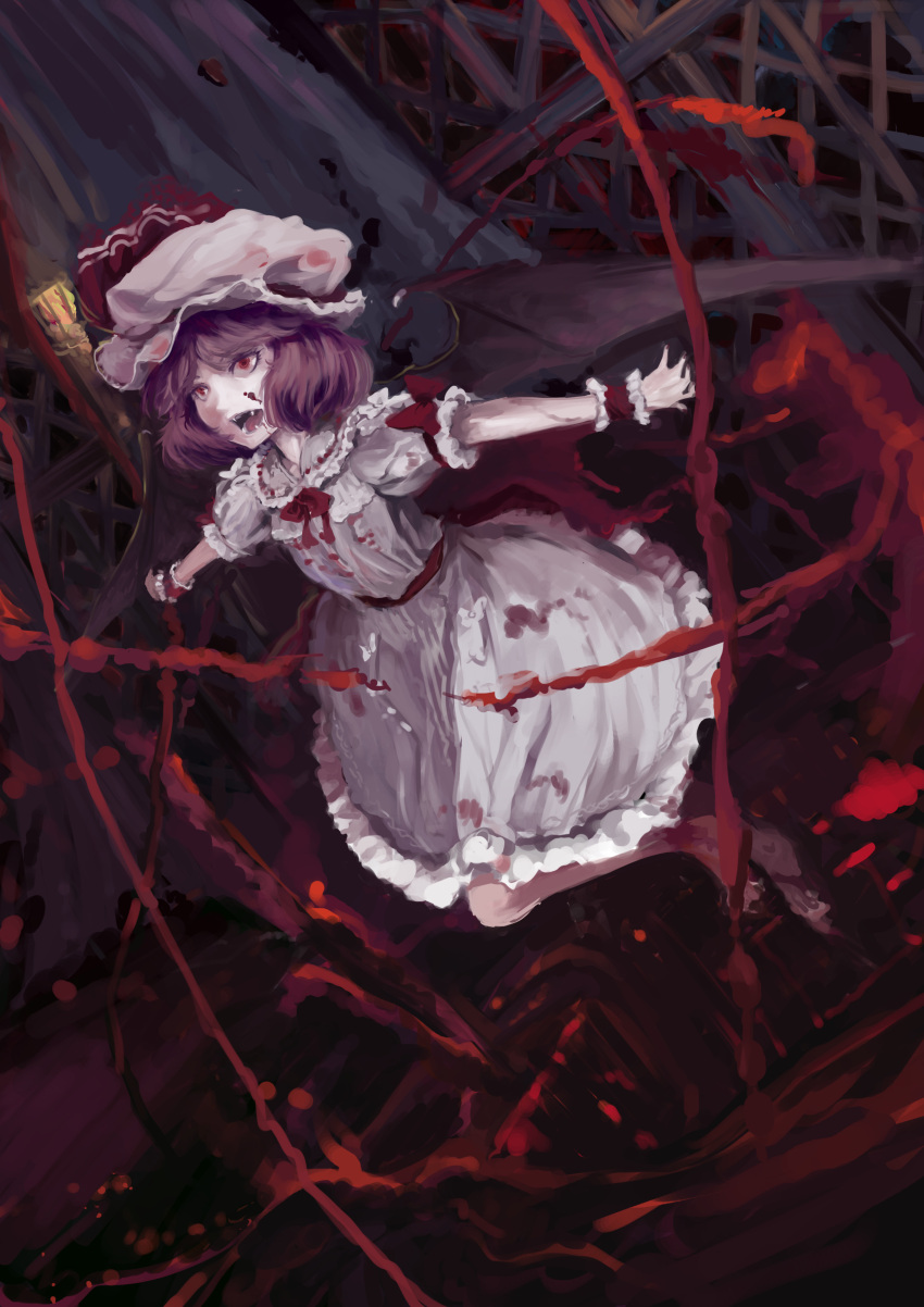 1girl absurdres dark_background dress english_commentary fangs frilled_dress frilled_sleeves frills full_body hat highres mixed-language_commentary mob_cap outstretched_arms puffy_short_sleeves puffy_sleeves purple_hair red_background red_eyes remilia_scarlet short_sleeves sinzan solo teeth touhou wrist_cuffs