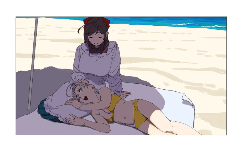 2girls ahoge apron beach bikini breasts brown_hair closed_eyes green_eyes grey_hair hair_ribbon highres kantai_collection kappougi kinugasa_(kancolle) lap_pillow lying mamiya_(kancolle) medium_breasts medium_hair multiple_girls navel ocean ojipon on_side ribbon shade sitting swimsuit yellow_bikini yokozuwari