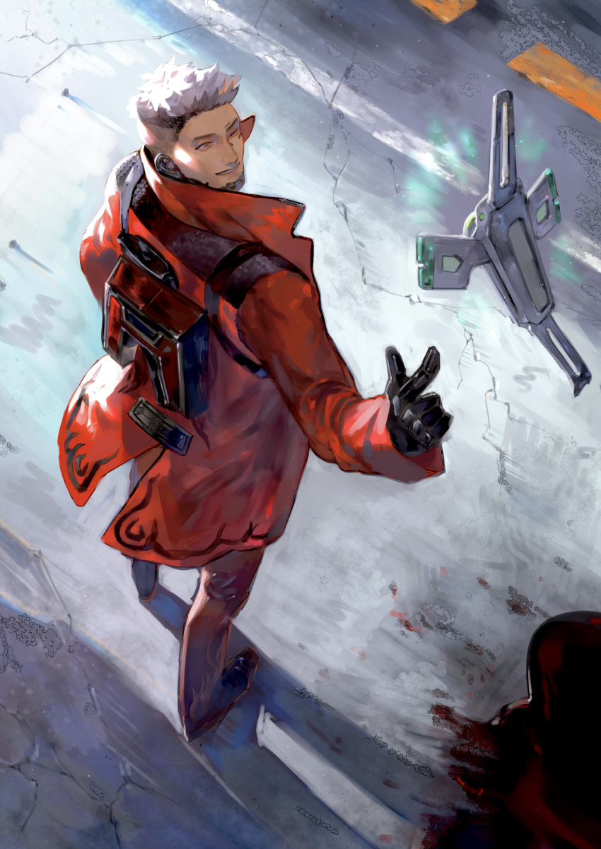 1boy absurdres apex_legends blood brown_eyes crypto_(apex_legends) devil's_advocate_crypto finger_gun flying from_above grey_hair hack_(apex_legends) highres jacket kawaniwa male_focus non-humanoid_robot official_alternate_costume one_eye_closed pants parted_lips pool_of_blood red_footwear red_jacket red_pants road robot shadow shoes smile solo walking