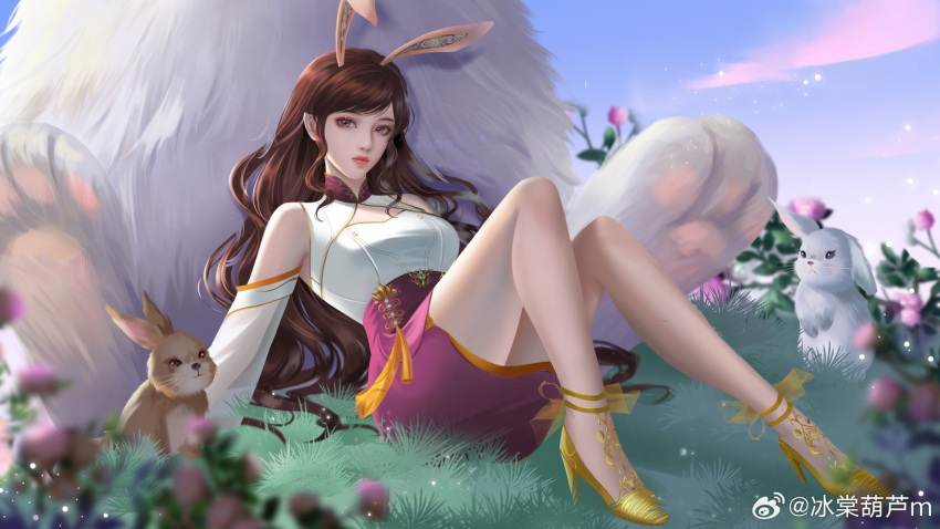 1girl animal animal_ears bare_legs bing_tang_hulu brown_hair closed_mouth detached_sleeves douluo_dalu expressionless flower grass high_heels highres jiang_nannan_(douluo_dalu) long_hair long_sleeves looking_at_viewer outdoors oversized_animal purple_flower purple_skirt rabbit rabbit_ears sitting skirt