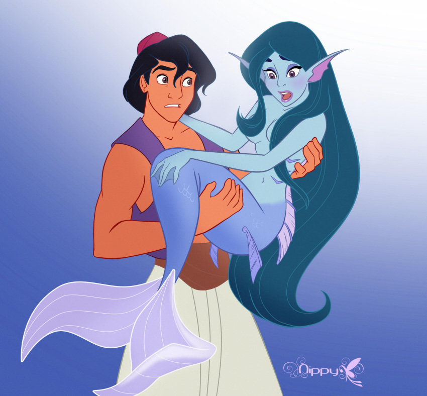 2015 4_fingers 5_fingers after_transformation aladdin_(disney) artist_logo black_hair blue_background blue_body blue_hair blue_lips blue_scales brown_eyes carrying_another carrying_partner clothing dark_body dark_skin disney disney's_aladdin duo english_text female fez fingers fish_tail hair hair_covering_nipples halloween hat headgear headwear hi_res holidays human lips logo long_hair looking_at_another looking_down male mammal marine merfolk nippy13 open_mouth princess_jasmine_(disney) purple_eyes scales short_hair simple_background split_form suprised_look text