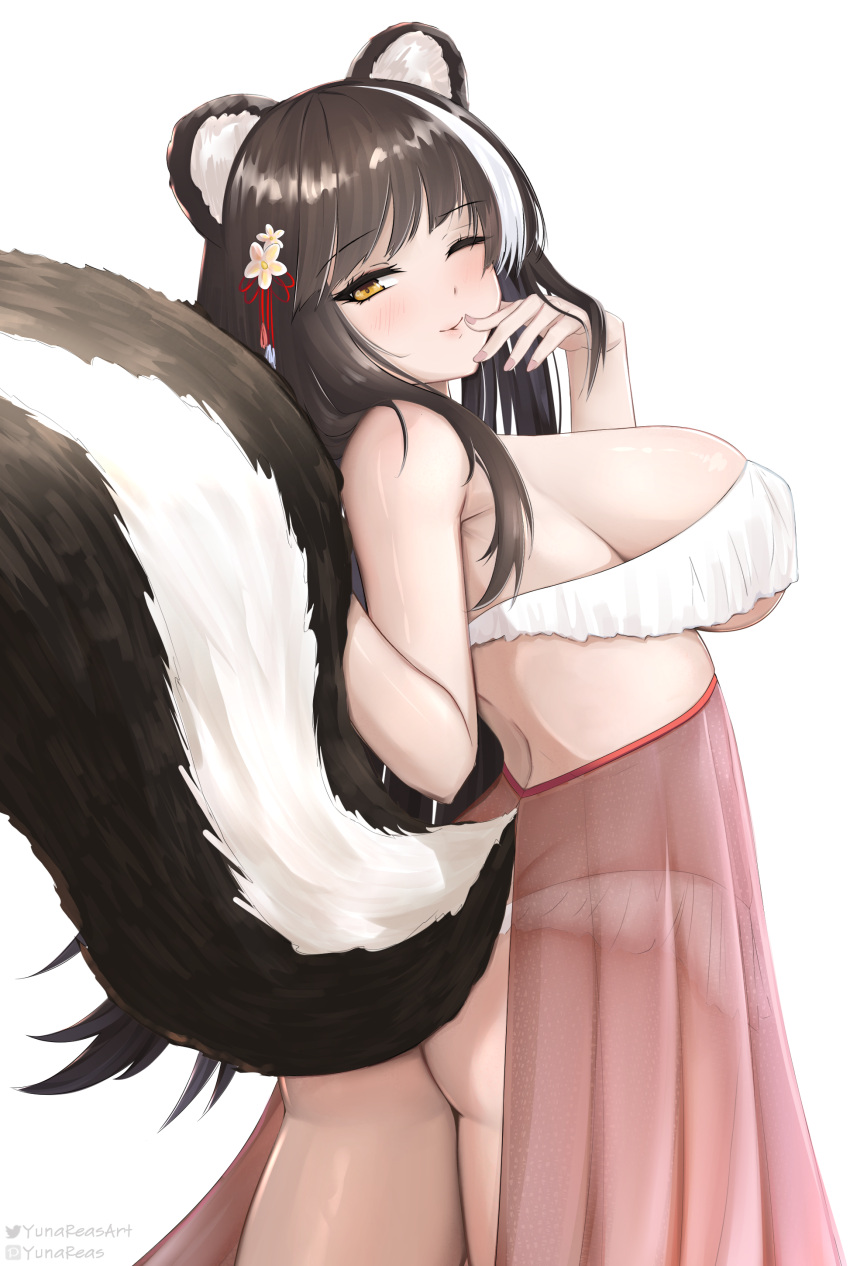 1girl absurdres animal_ears artist_name ass azur_lane black_hair black_tail blush breasts commission from_behind hair_ornament highres large_breasts long_hair looking_at_viewer multicolored_hair multicolored_tail naganami_(azur_lane) one_eye_closed parted_lips sideboob simple_background skindentation skunk_ears skunk_girl skunk_tail solo streaked_hair tail white_background white_hair white_tail yellow_eyes yunareas