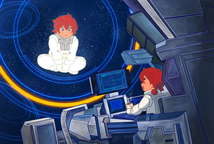 blue_eyes closed_eyes closed_mouth cockpit commentary_request crossed_legs cup eoljukko ericht_samaya gundam gundam_aerial gundam_suisei_no_majo highres holding holding_cup korean_commentary long_sleeves mobile_suit monitor open_mouth red_hair short_hair sitting smile spoilers suletta_mercury thick_eyebrows