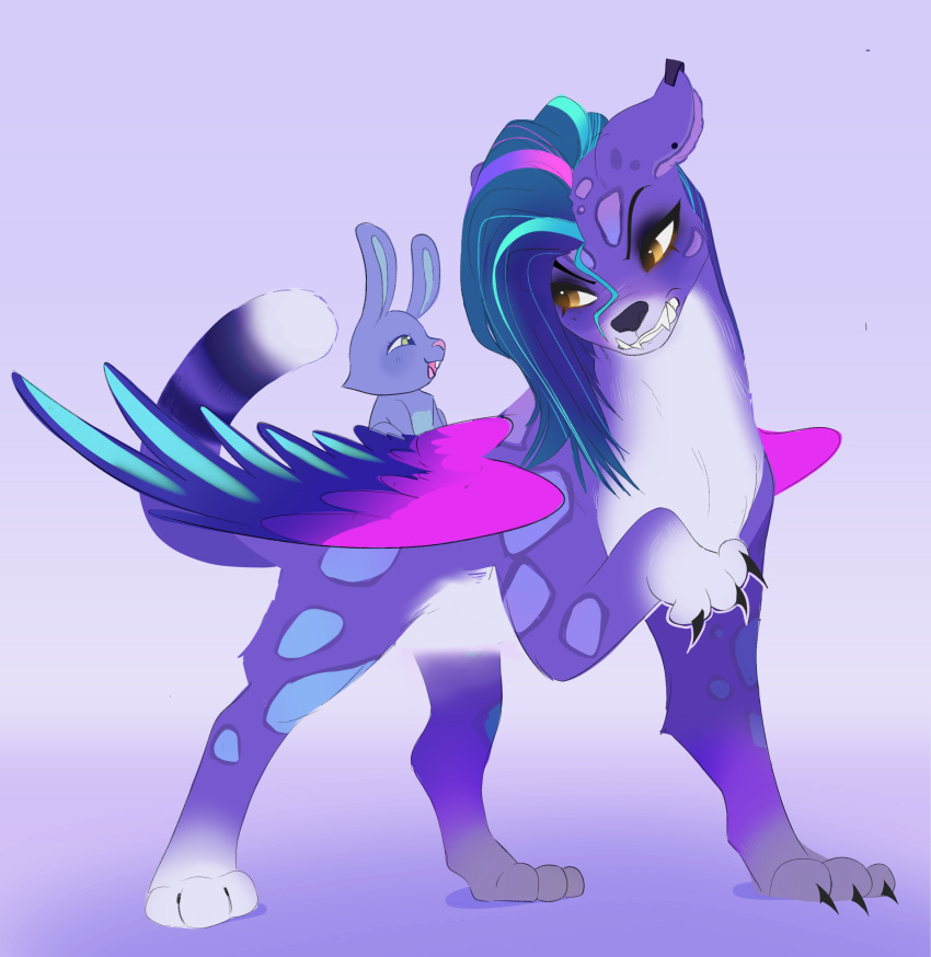 absurd_res allura_(mlp) amber_eyes aztrial claws clenched_teeth ear_piercing fangs felid fur hair hasbro hi_res lagomorph leg_markings leporid mammal markings mlp_g5 multicolored_hair my_little_pony pantherine piercing purple_body purple_fur purple_hair rabbit sharp1=teeth sharp_teeth snow_leopard socks_(marking) teeth twitch_(mlp) wings