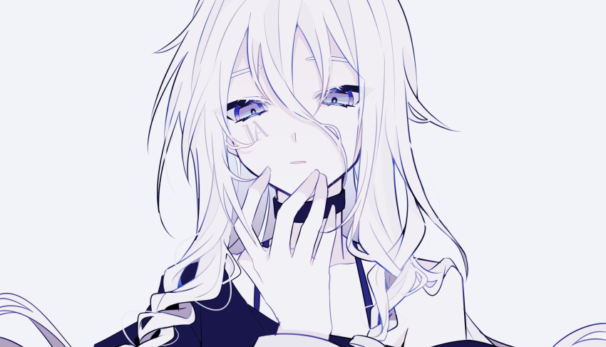 1girl blue_theme braid character_name choker collarbone expressionless facial_tattoo hair_between_eyes half-closed_eyes highres ia_(vocaloid) long_bangs long_hair looking_at_viewer messy_hair mizuame_(mi_rei_817) monochrome off_shoulder pale_skin parted_lips portrait raised_eyebrows shirt simple_background single_bare_shoulder solo spaghetti_strap tattoo twin_braids vocaloid