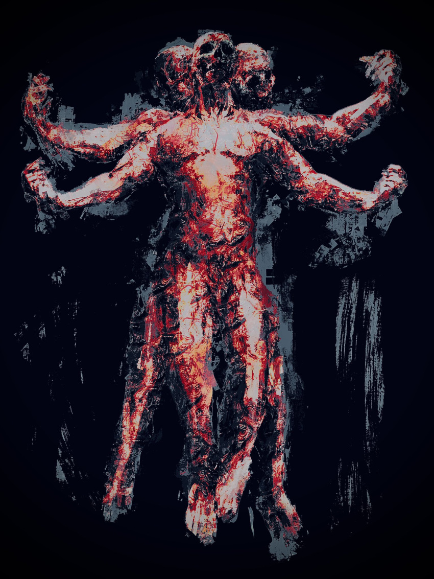 black_background blood extra_arms extra_legs flesh highres horror_(theme) kakesoba multiple_heads original skull tagme veins