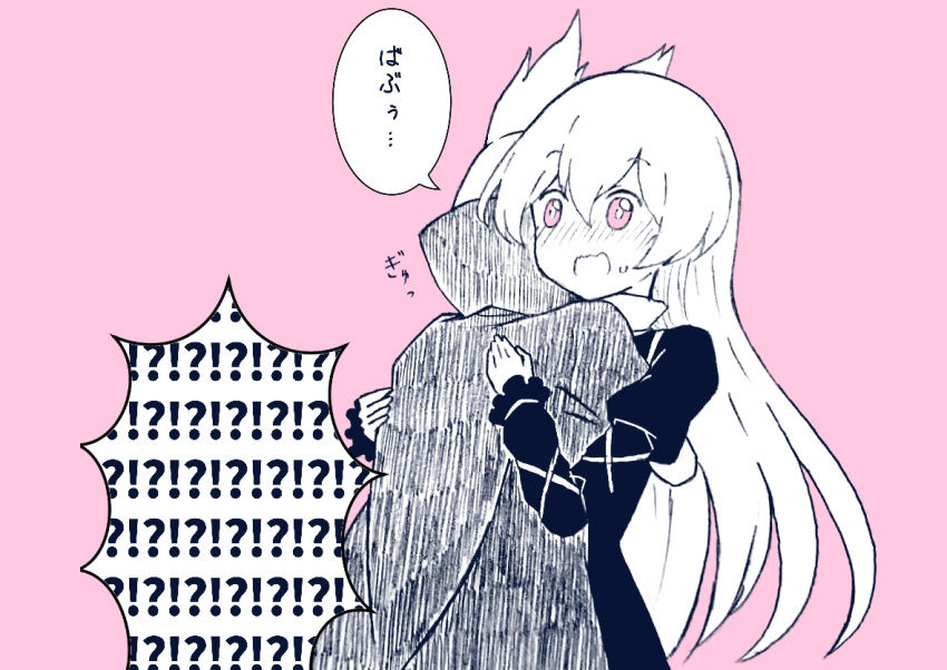 2girls black_dress blush cloak commentary_request dress gurajio hijiri_byakuren hug long_hair long_sleeves multiple_girls open_mouth pink_background puffy_long_sleeves puffy_sleeves short_hair simple_background surprised touhou toyosatomimi_no_miko translation_request