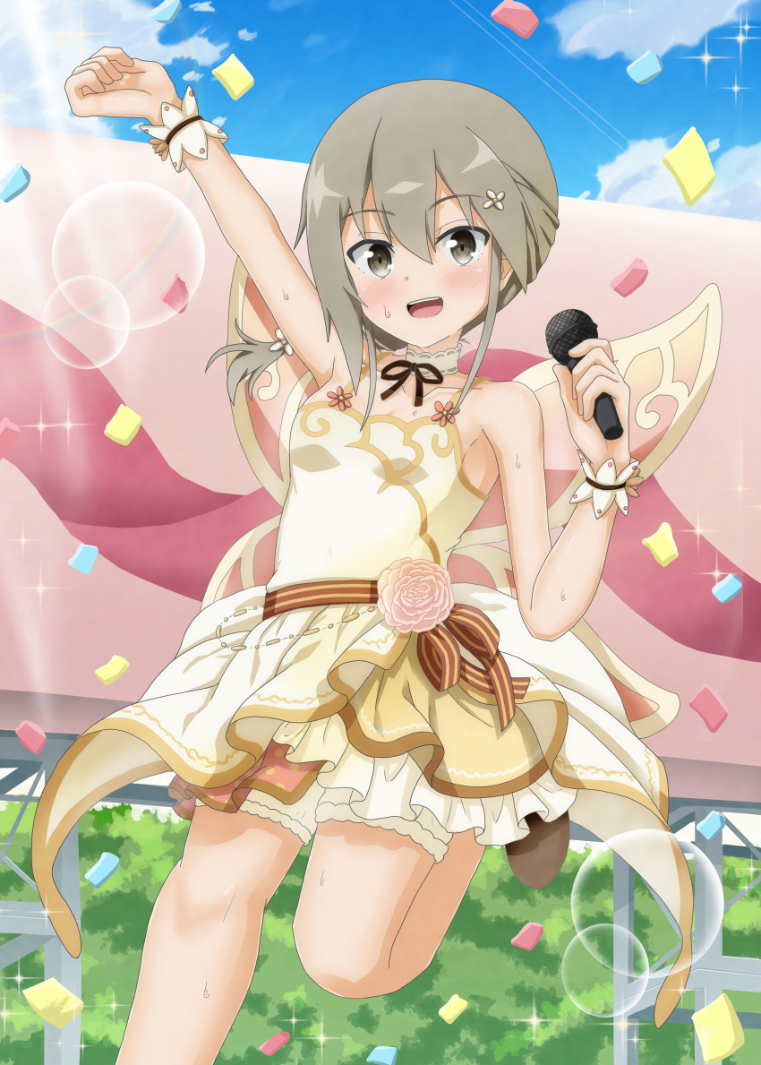 1girl :d absurdres arm_up balloon blue_sky blush brown_eyes brown_hair cloud concert confetti dancing day diffraction_spikes dress flower folded_ponytail glint hair_between_eyes hair_flower hair_ornament hairclip highres holding holding_microphone idol idol_clothes lens_flare looking_at_viewer low_ponytail masamune_mino microphone minowa_gin music open_mouth outdoors ponytail rainbow short_hair singing sky sleeveless smile solo sparkle sparkle_background stage sun sweat washio_sumi_wa_yuusha_de_aru wrist_cuffs yuuki_yuuna_wa_yuusha_de_aru:_hanayui_no_kirameki yuusha_de_aru