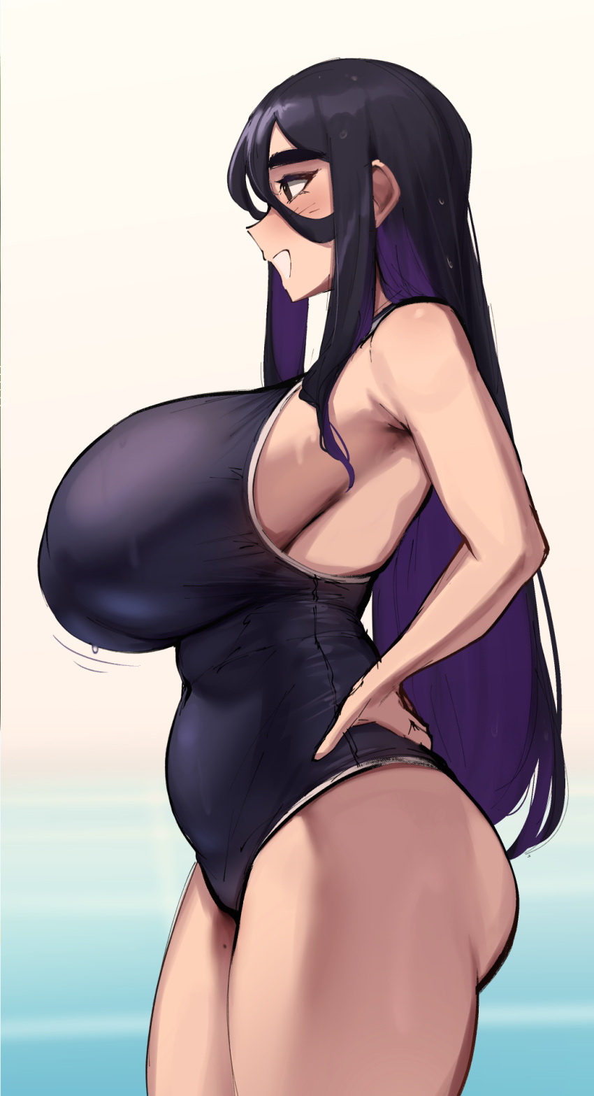 1girl black_hair black_one-piece_swimsuit blush breasts character_request colored_inner_hair from_side grin hand_on_own_hip highres huge_breasts long_hair looking_ahead multicolored_hair one-piece_swimsuit plump purple_hair roresu sidelocks smile solo standing swimsuit