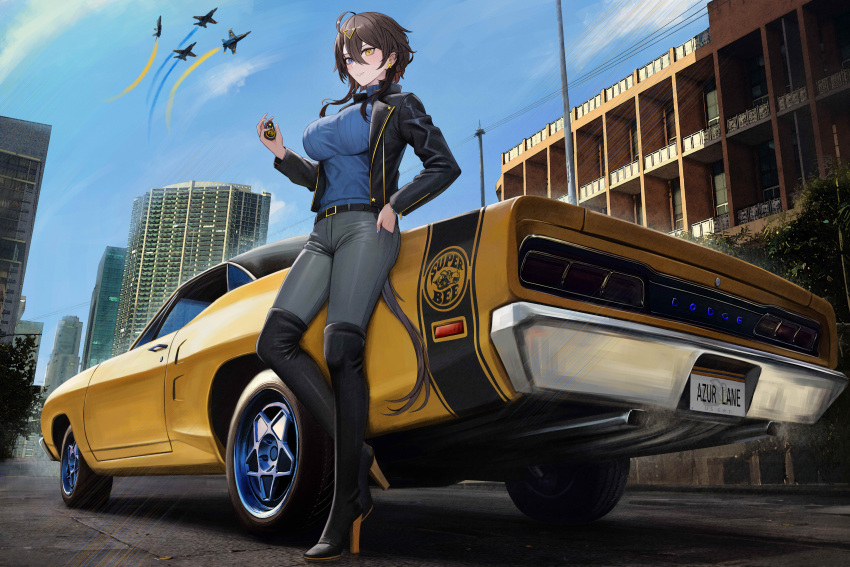1girl absurdres aircraft airplane alternate_costume azur_lane boots car city commission copyright_name day dodge_(company) dodge_super_bee fighter_jet georgia_(azur_lane) hair_between_eyes heterochromia high_heel_boots high_heels highres jacket jet kcar66t license_plate location_request looking_at_viewer military_vehicle motor_vehicle muscle_car product_placement thigh_boots vehicle_focus