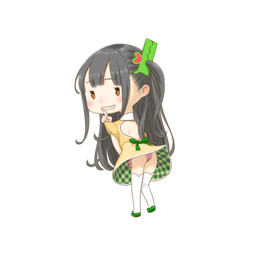 1girl archived_source ass back_cutout blush bracelet breasts brown_eyes clothing_cutout collared_dress comic_kairakuten crocodile_hair_ornament dress finger_to_mouth from_behind full_body green_footwear green_ribbon grey_hair heart_cutout highres jewelry kairakuten-chan key_(kagibangou) long_hair looking_at_viewer looking_back medium_breasts one_side_up panties pink_panties ribbon shushing side-tie_panties simple_background sleeveless sleeveless_dress smile solo thighhighs underwear white_background white_thighhighs yellow_dress