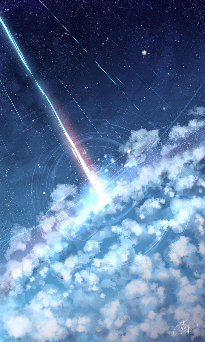 absurdres chinese_commentary cloud commentary falling_star highres night night_sky no_humans original outdoors rune_xiao scenery signature sky star_(sky) starry_sky still_life