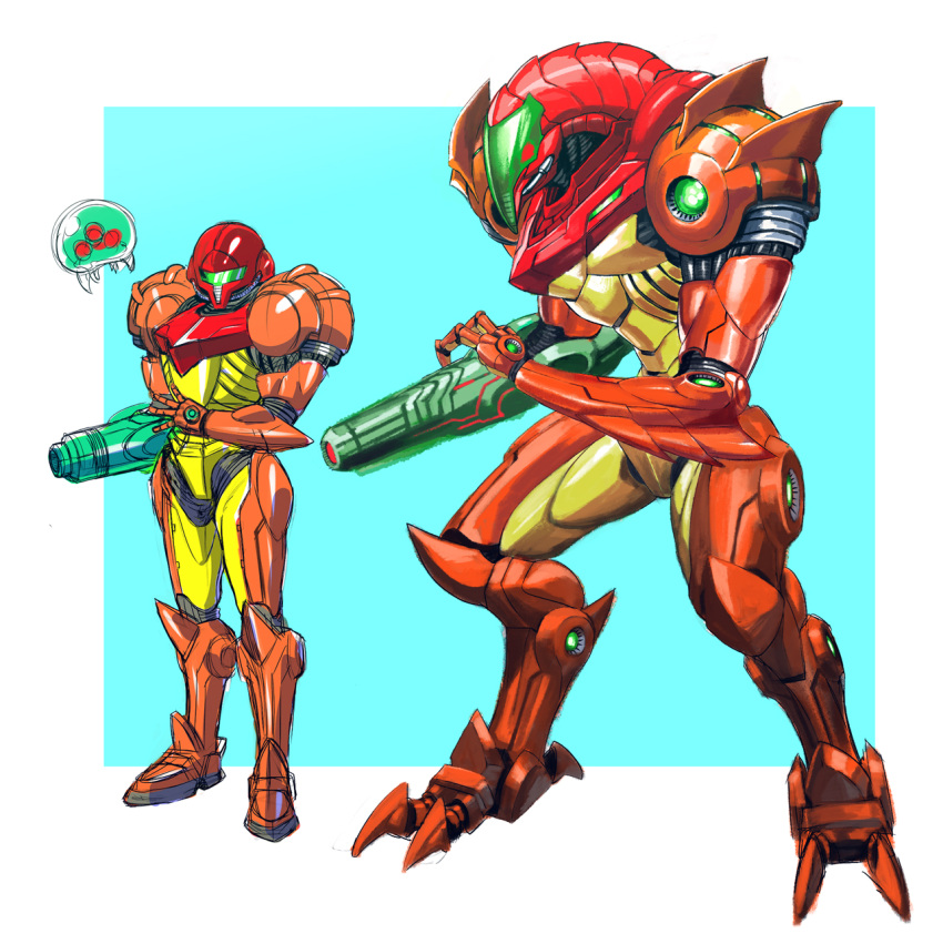 3_fingers 3_toes alien ambiguous_gender arm_cannon armor avian chozo digital_media_(artwork) feet female_(lore) fingers group hi_res human koya_nexus machine mammal metroid metroid_(species) nintendo power_armor red_armor samus_aran science_fiction simple_background size_difference standing talons toes