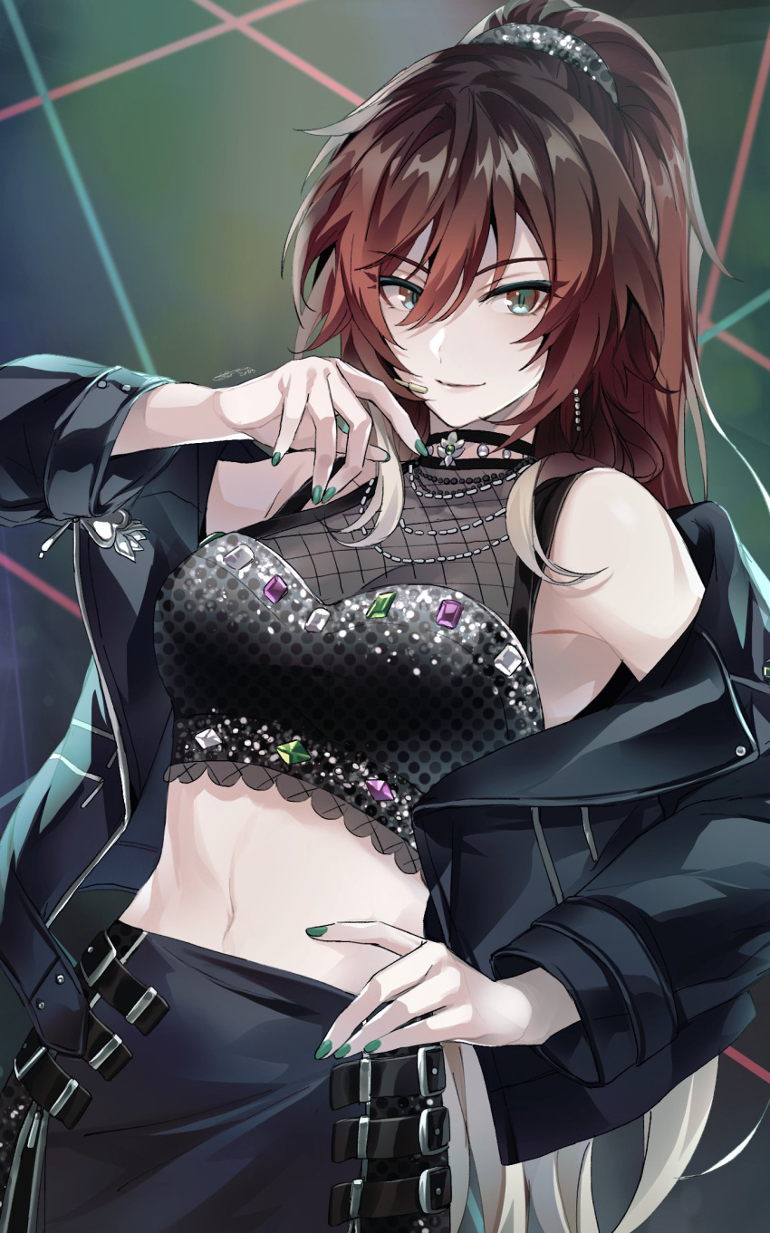 1girl aketa_mikoto artist_name bare_shoulders belt black_belt black_choker black_jacket black_shorts bow breasts brown_hair choker cleavage crop_top earrings fishnets gradient_hair green_nails highres idolmaster idolmaster_shiny_colors jacket jacket_partially_removed jewelry kwanmaengg large_breasts looking_at_viewer microphone multicolored_hair nail_polish navel necklace ponytail shorts smile solo