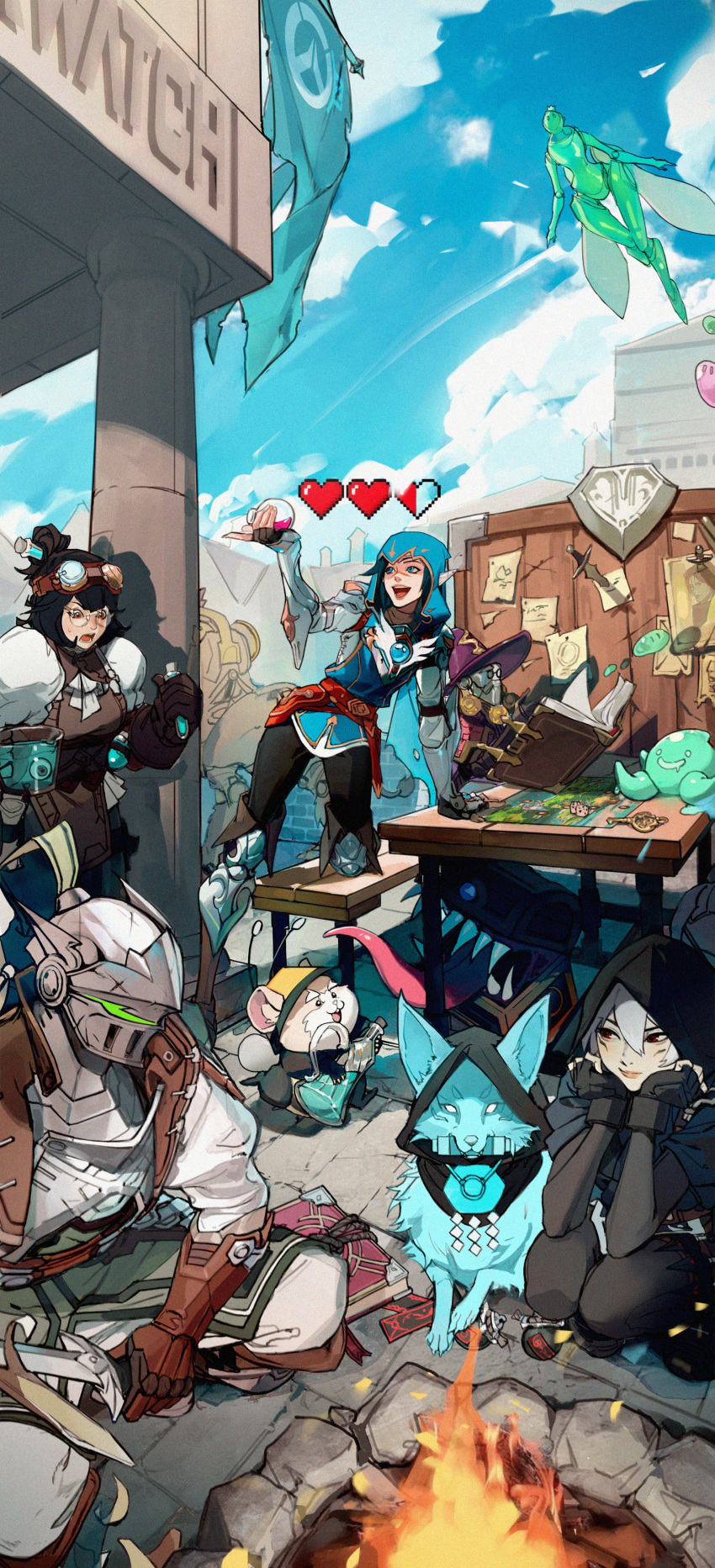 3boys 5girls absurdres animal arm_support armor black_gloves black_hair black_hood blue_eyes blue_hood blue_sky board board_game book brown_eyes closed_mouth cloud cloudy_sky dagger day dice echo_(overwatch) fingerless_gloves fire flag flying fox genji_(overwatch) gloves goggles goggles_on_head hair_between_eyes hamster hands_on_own_cheeks hands_on_own_face hat heart helmet highres kiriko_(overwatch) kneeling knife knight looking_at_another mei_(overwatch) monster_girl multiple_boys multiple_girls official_alternate_costume omnic open_mouth orisa_(overwatch) outdoors overwatch overwatch_2 pachimari pixelated pointy_ears potion purple_headwear reading robot round_eyewear sitting sky slime_(substance) slime_girl smile spirit standing sweatdrop table tabletop_game tabletop_rpg tracer_(overwatch) treasure_chest weapon white_hair wrecking_ball_(overwatch) wz_(woyzeck) zenyatta_(overwatch)