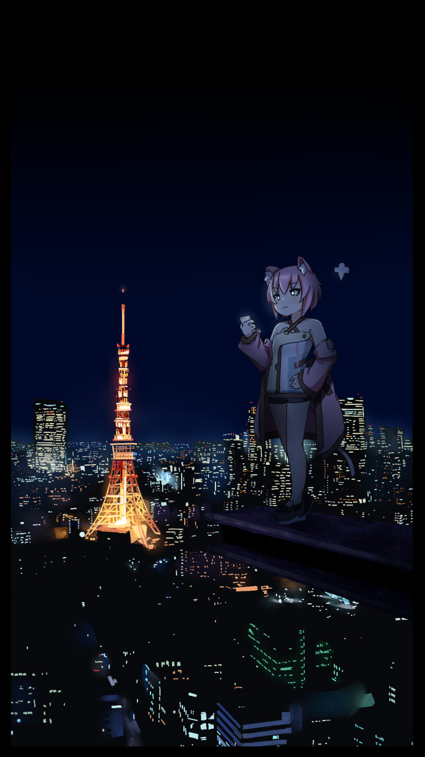 1girl animal_ear_fluff animal_ears bare_shoulders black_footwear black_shorts building cellphone cityscape commentary_request dress hand_up highres holding holding_phone jacket kuro_kosyou long_sleeves night night_sky open_clothes open_jacket original phone pink_jacket puffy_long_sleeves puffy_sleeves shikigami shoes short_shorts shorts sky skyscraper sleeves_past_wrists solo standing steel_beam tail tokyo_skytree white_dress
