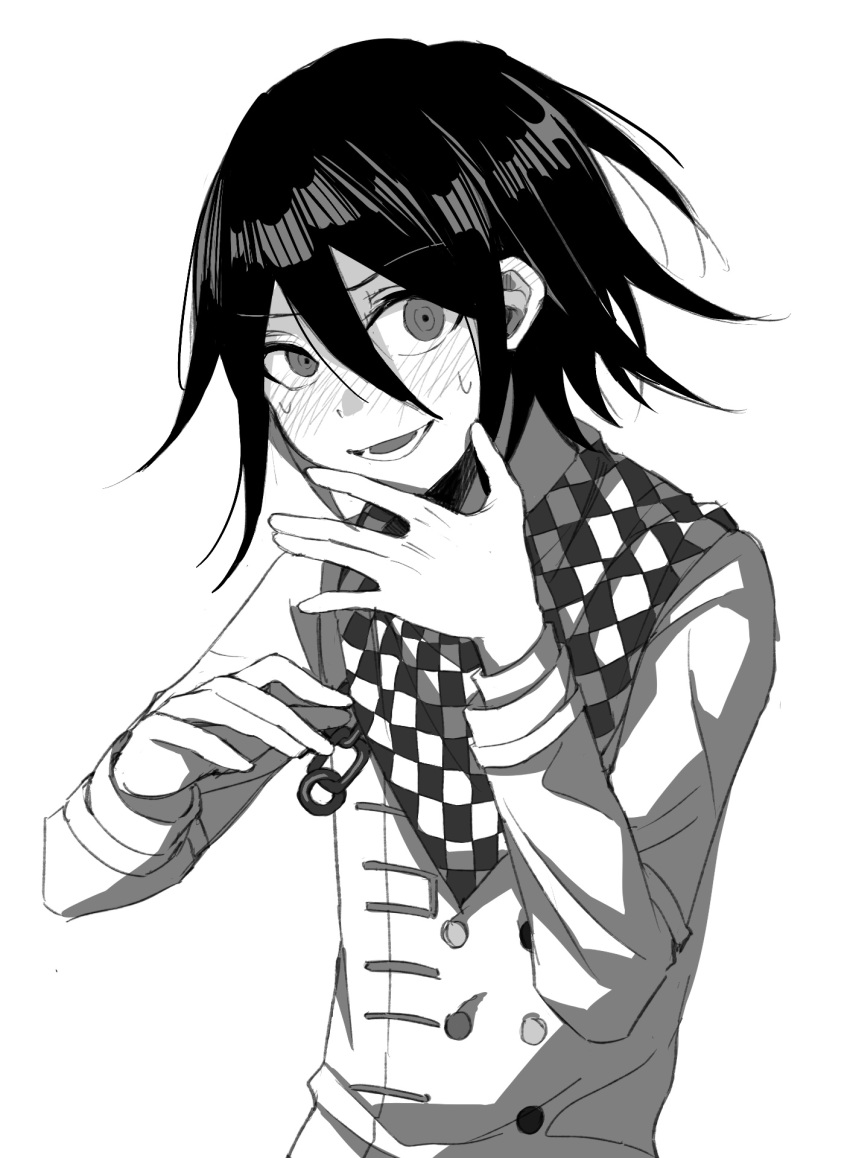 1boy blush checkered_clothes checkered_scarf covering_face danganronpa_(series) danganronpa_v3:_killing_harmony embarrassed greyscale hair_between_eyes hands_up highres looking_at_viewer lower_teeth_only m0918664055 male_focus monochrome open_mouth ouma_kokichi scarf short_hair sketch solo straitjacket sweat teeth upper_body
