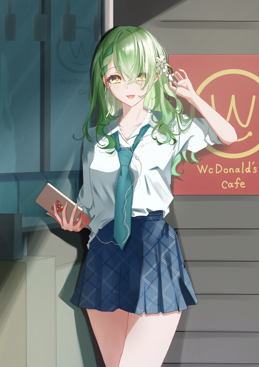 1girl absurdres alternate_costume blue_necktie blue_skirt bungo_nosuke cellphone ceres_fauna commentary_request crossed_bangs dress_shirt earbuds earphones flower green_hair hair_flower hair_ornament highres holding holding_phone hololive hololive_english humanization long_hair looking_at_viewer loose_necktie mole mole_under_eye necktie open_mouth phone plaid plaid_skirt removing_earbuds school_uniform shirt skirt solo virtual_youtuber wcdonald's white_shirt yellow_eyes