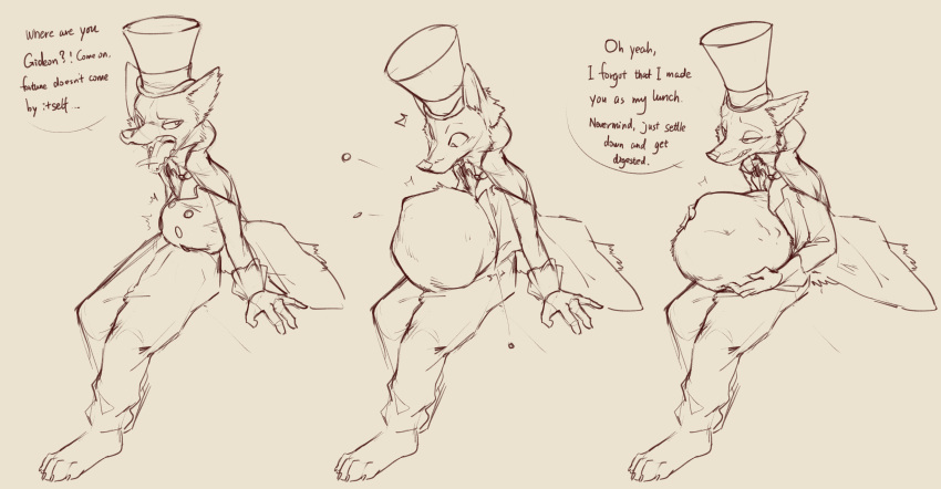 "honest"_john_foulfellow abdominal_bulge absurd_res after_vore anthro belly big_belly biped dialogue hi_res lunlunfox male oral_vore speech_bubble vore