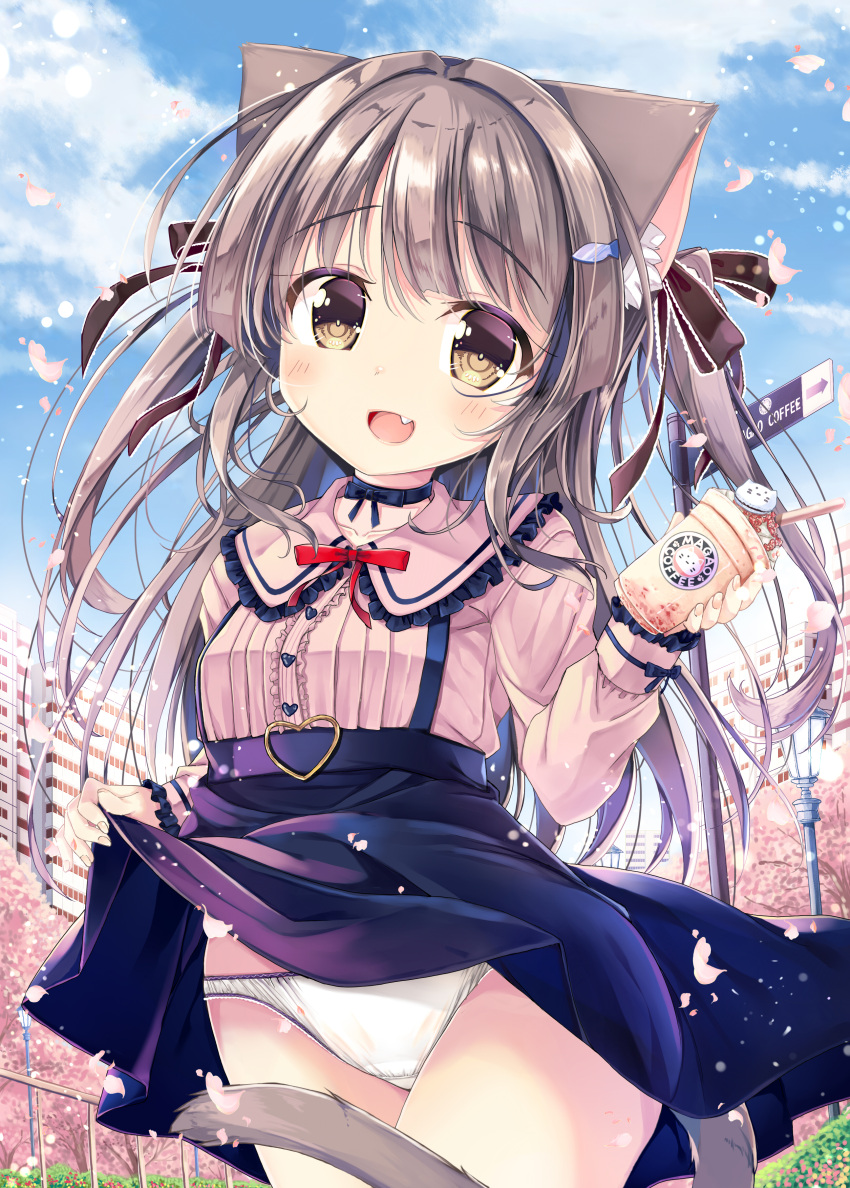 1girl :d absurdres animal_ear_fluff animal_ears black_bow black_choker black_skirt blue_sky blush bow breasts brown_eyes brown_hair cat_ears cat_girl cat_tail center_frills choker clothes_lift cloud cloudy_sky collarbone collared_shirt commentary_request cup day disposable_cup drinking_straw fang fish_hair_ornament frilled_shirt_collar frilled_sleeves frills hair_between_eyes hair_bow hair_ornament heart highres holding holding_cup lifted_by_self long_hair long_sleeves looking_at_viewer neko_pan original outdoors panties petals pink_shirt puffy_long_sleeves puffy_sleeves shirt skirt skirt_lift sky sleeves_past_wrists small_breasts smile solo suspender_skirt suspenders tail two_side_up underwear very_long_hair white_panties