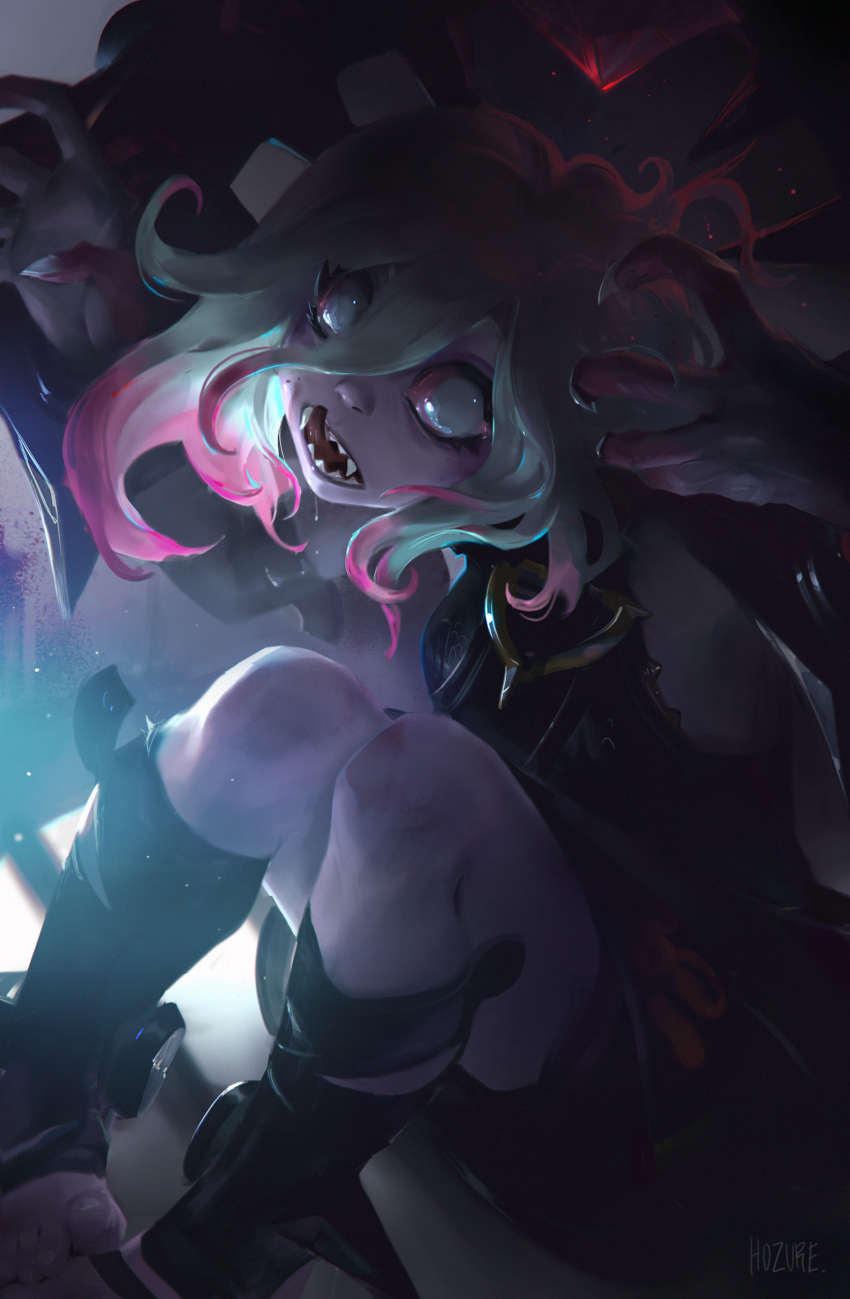 1girl absurdres artist_name briar_(league_of_legends) colored_sclera colored_skin english_commentary fingernails grey_hair hair_between_eyes highres horace_h indoors knee_up league_of_legends light looking_at_viewer medium_hair multicolored_hair no_pupils pink_hair pink_sclera sharp_fingernails sharp_teeth sidelocks sitting solo streaked_hair teeth toeless_legwear toenails toes tongue tongue_out two-tone_hair vampire white_eyes white_nails wrist_cuffs