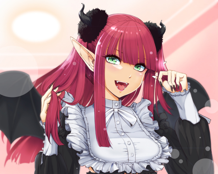 1girl black_horns black_nails blush breasts cosplay cuddly_octopus demon_girl demon_horns demon_wings fangs frilled_shirt frills green_eyes horn_scrunchie horns indoors kitagawa_marin long_hair long_sleeves looking_at_viewer medium_breasts mitsuyu_shirasaki open_mouth pointy_ears red_hair rizu-kyun rizu-kyun_(cosplay) shirt smile solo sono_bisque_doll_wa_koi_wo_suru wings