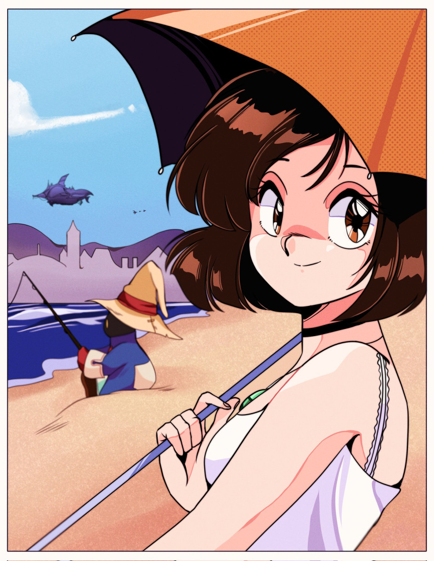 1girl beach black_mage brown_eyes brown_hair cityscape cloud cloudy_sky commentary day dress english_commentary final_fantasy final_fantasy_ix fishing fishing_rod garnet_til_alexandros_xvii hat highres holding holding_fishing_rod holding_umbrella jenna_(rainynebula) jewelry necklace orange_umbrella outdoors short_hair sitting sky umbrella upper_body vivi_ornitier water white_dress wizard_hat