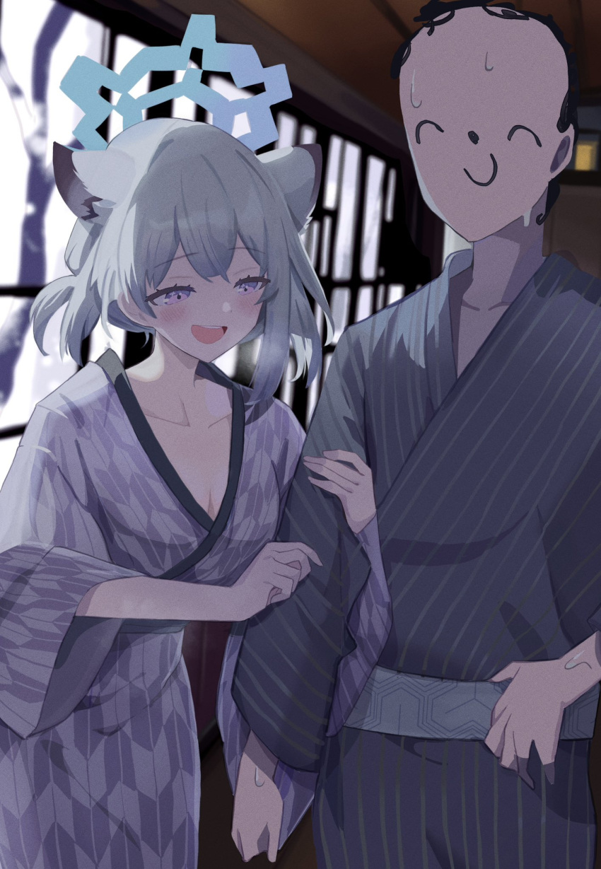 1boy 1girl animal_ears arm_hug arona's_sensei_doodle_(blue_archive) bath_yukata blue_archive blush breasts breath chikoku cleavage collarbone commentary_request extra_ears green_hair halo hetero highres japanese_clothes kimono large_breasts patterned_clothing purple_eyes sensei_(blue_archive) shigure_(blue_archive) shigure_(hot_spring)_(blue_archive) smile snowing striped striped_kimono sweatdrop weasel_ears wide_sleeves yukata