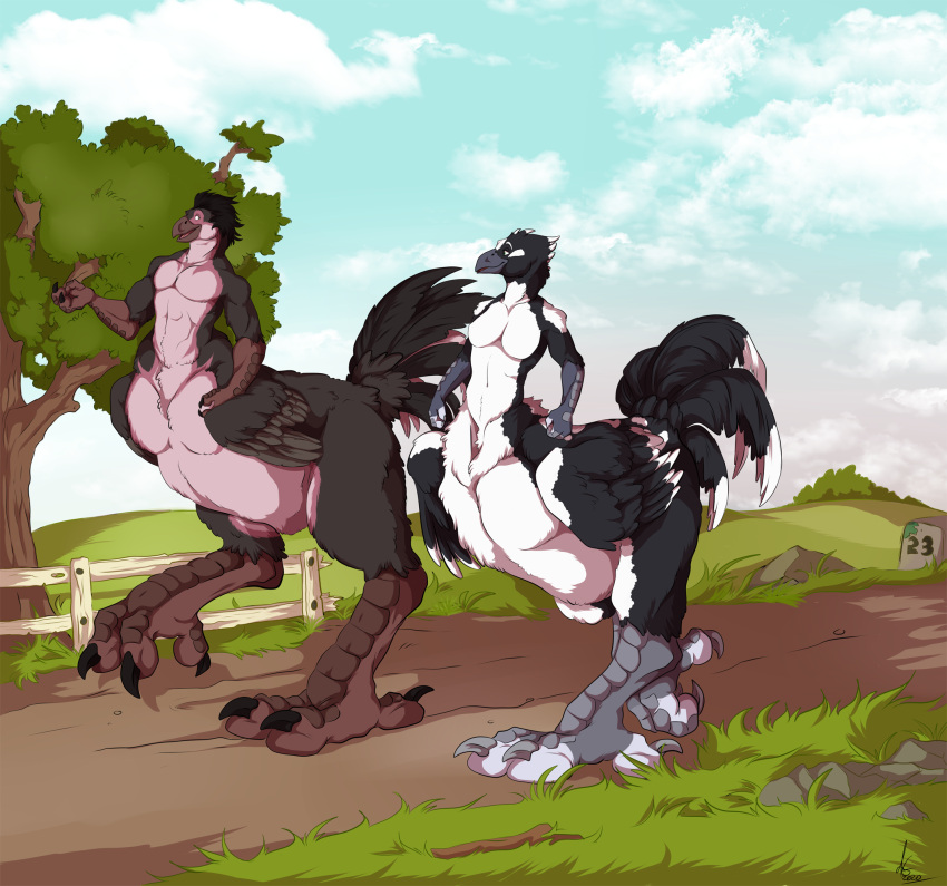 2020 agropuer avian avian_taur biped biped_taur black_body black_claws black_feathers cel_shading chocobo_taur claws countershade_face countershade_torso countershading digital_media_(artwork) digitigrade dipstick_feathers duo feathered_wings feathers fence grass green_eyes grey_body grey_claws grey_skin hi_res male nude_male nude_taur orion_(orionb) outside plant shaded sky story story_in_description tail_feathers talons taross taur tree walking white_body white_feathers wings wood wood_fence