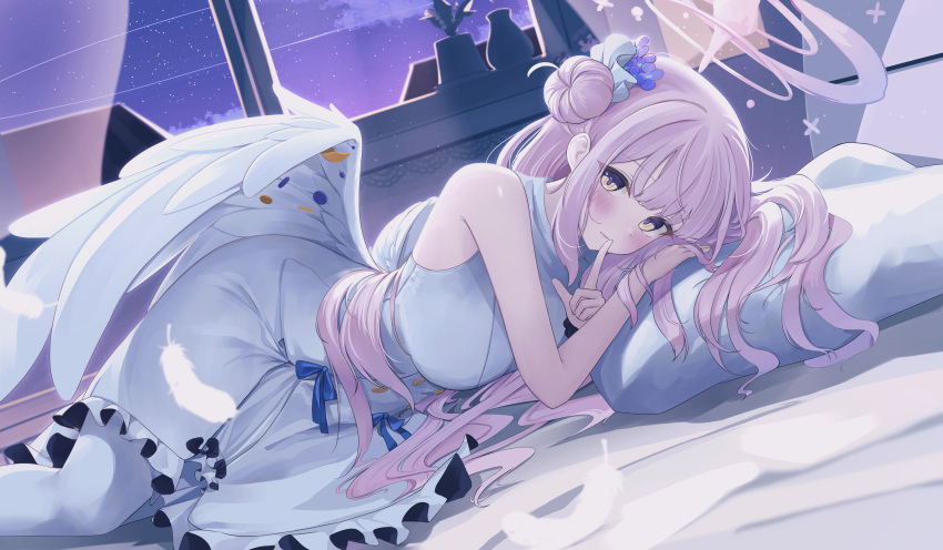 1girl absurdres angel_wings bare_arms bare_shoulders bed_sheet blue_archive blue_ribbon blush breasts closed_mouth cloud crescent daran9 dress feathered_wings feathers finger_to_mouth flower frilled_dress frilled_ribbon frills hair_bun hair_flower hair_flowing_over hair_ornament hair_ribbon halo highres index_finger_raised large_breasts light_smile long_hair looking_at_viewer low_wings lying mika_(blue_archive) night on_side pantyhose pillow pink_hair pink_halo purple_flower purple_sky ribbon shushing single_side_bun sky sleeveless sleeveless_dress solo star_(sky) starry_sky white_dress white_feathers white_pantyhose white_ribbon white_wings wing_ornament wings yellow_eyes