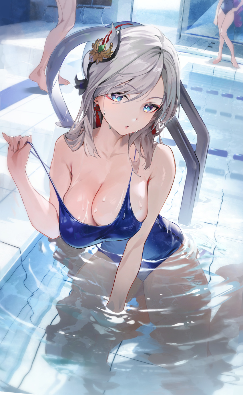3girls absurdres between_legs blue_eyes blue_one-piece_swimsuit breasts cleavage earrings genshin_impact grey_hair hair_ornament hand_between_legs highres jewelry kawa683 kneeling large_breasts long_hair looking_at_viewer multiple_girls one-piece_swimsuit open_mouth outdoors partially_submerged pool pool_ladder pulled_by_self ripples shenhe_(genshin_impact) strap_pull swimsuit tassel tassel_earrings wet wet_clothes wet_swimsuit