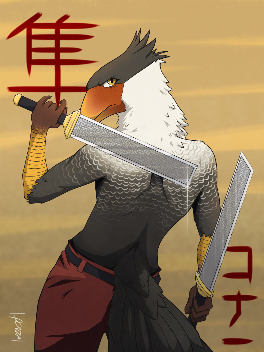 absurd_res anthro avian bird butt clothed clothing connor_(ponza00) dominant falcon falconid hi_res japanese_text kanji karakara looking_at_viewer male melee_weapon ponza00 rear_view sword text topless topless_male twin_blade weapon weapon_on_shoulder