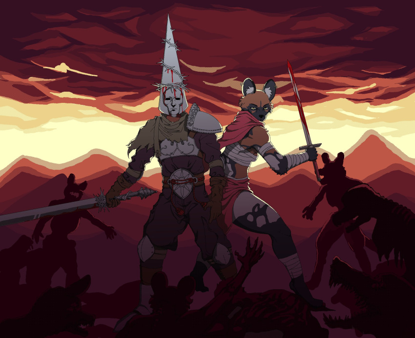 african_wild_dog anthro armor back_to_back bandage barbed_wire blood_drops bottomwear canid canine cape capirote clothing duo female hi_res hooped_earrings human javic male mammal mask melee_weapon sang_(sang:_the_desert_blade) scarf skirt sword the_penitent_one_(blasphemous) undead weapon