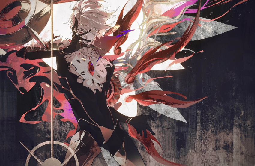 1boy bare_pectorals bracelet chest_jewel closed_mouth collar earrings eyeshadow fate/apocrypha fate/grand_order fate_(series) floating_hair hair_over_one_eye highres jewelry karna_(fate) looking_at_viewer makeup necklace pale_skin pectorals polearm red_eyeshadow sd2190392804 shirt short_hair smile solo spear spiked_collar spikes standing vasavi_shakti_(fate) weapon white_hair white_shirt yellow_eyes