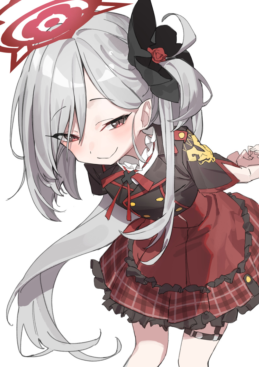 1girl absurdres bent_over black_flower blue_archive closed_mouth commentary_request flower grey_hair hair_flower hair_ornament halo haruyuki_(gffewuoutgblubh) highres long_hair looking_at_viewer mutsuki_(blue_archive) plaid plaid_skirt red_eyes red_halo red_ribbon red_skirt ribbon side_ponytail simple_background skirt slit_pupils smile solo standing very_long_hair white_background