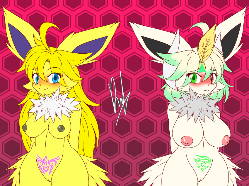 2021 absurd_res accessory anthro big_breasts blonde_hair blue_eyes blush breasts derthevaporeon duo eeveelution feather_in_hair feathers female generation_1_pokemon genitals green_eyes green_highlights hair hair_accessory headband heterochromia hi_res highlights_(coloring) horn hybrid_pokemon jolteon long_hair looking_at_viewer medium_breasts mega_absol mega_evolution nintendo pokemon pokemon_(species) pussy red_eyes short_hair shy smile smiling_at_viewer spiky_fur white_hair wide_hips womb_tattoo
