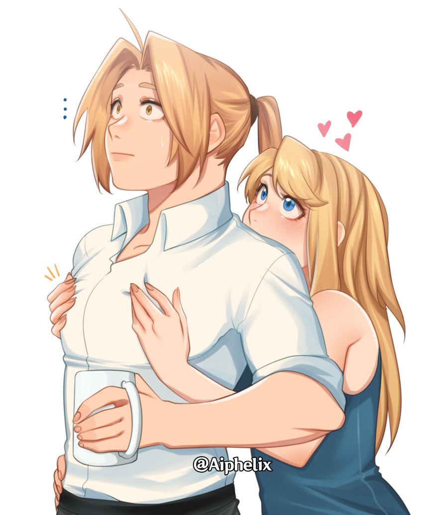 ... 1boy 1girl aiphelix aqua_shirt bare_shoulders blonde_hair blue_eyes blush collared_shirt couple cup edward_elric fullmetal_alchemist grabbing heart highres holding holding_cup hug hug_from_behind long_hair long_sleeves looking_at_another looking_to_the_side mug pectoral_grab ponytail shirt simple_background sleeves_pushed_up sweatdrop undershirt upper_body white_background white_shirt winry_rockbell yellow_eyes