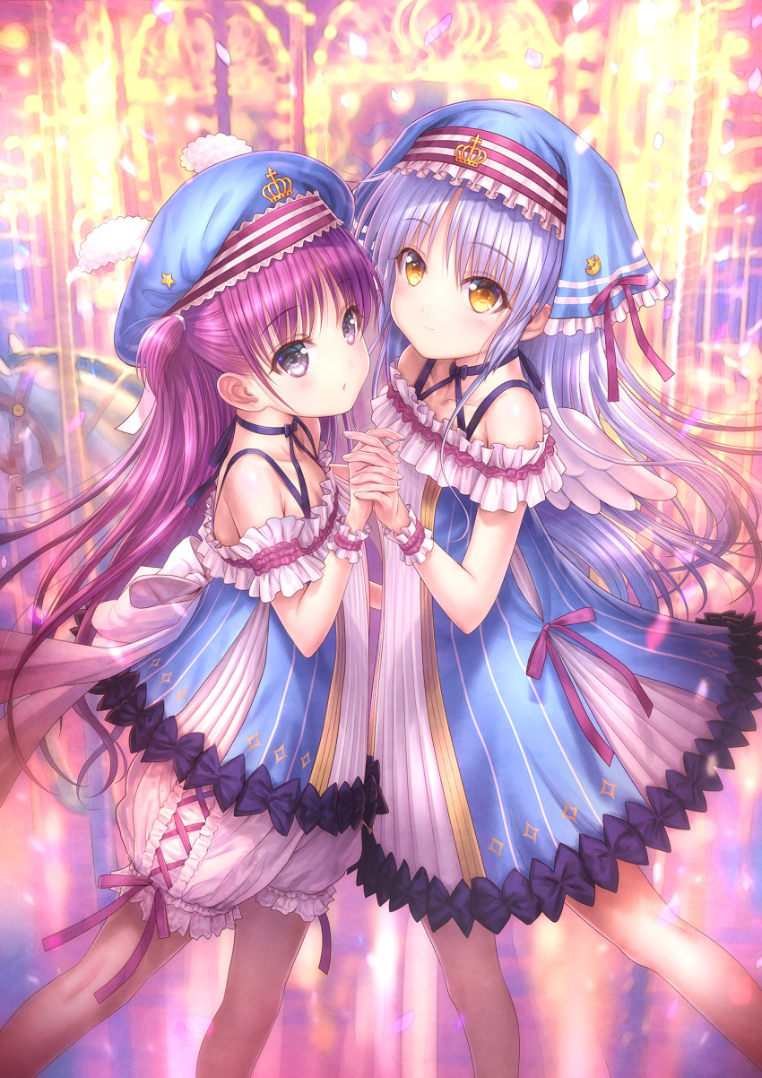 2girls angel_beats! angel_wings blue_dress blue_headwear blue_shirt blush breasts closed_mouth commentary_request company_connection criss-cross_halter crossover dress eyelashes feet_out_of_frame flat_chest floating_hair frilled_shirt frills goto_p grey_eyes halterneck hat headdress highres holding_hands interlocked_fingers katou_umi key_(company) long_hair looking_at_viewer multiple_girls parted_lips pink_ribbon purple_hair ribbon second-party_source shirt shorts sidelocks small_breasts smile summer_pockets tachibana_kanade two_side_up very_long_hair white_hair white_ribbon white_shorts white_wings wings yellow_eyes