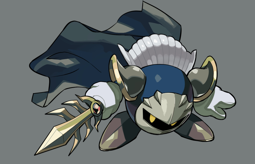 1boy cape commentary_request denim2 gloves holding holding_sword holding_weapon kirby_(series) looking_at_viewer male_focus mask meta_knight simple_background solo sword weapon yellow_eyes