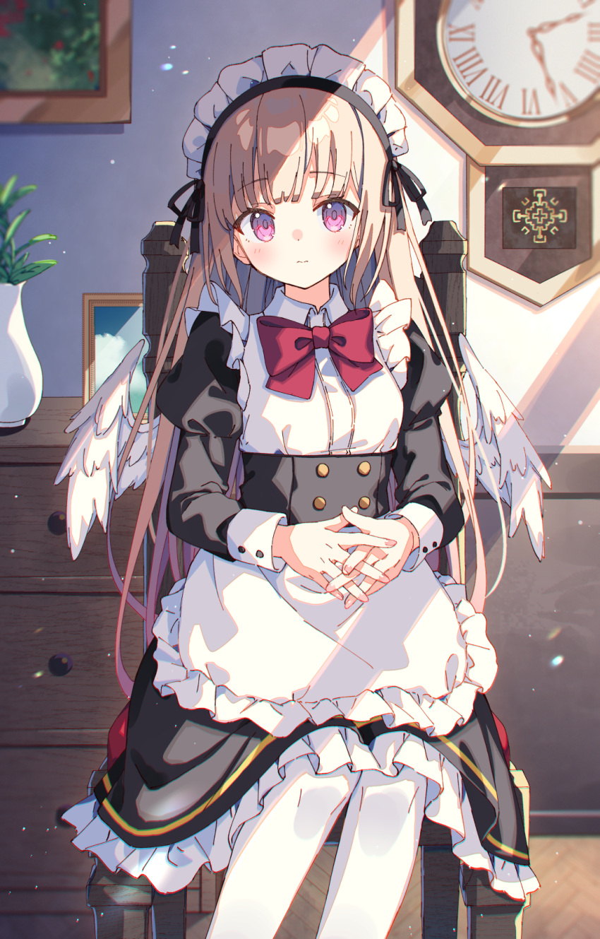 1girl angel_wings apron black_dress blush bow bowtie clock closed_mouth collared_dress commentary_request day drawer dress expressionless feathered_wings frilled_apron frilled_dress frills highres indoors interlocked_fingers juliet_sleeves light_brown_hair long_hair long_sleeves looking_at_viewer maid maid_apron maid_headdress on_chair original own_hands_together painting_(object) pantyhose picture_frame plant puffy_sleeves purple_eyes red_bow red_bowtie sitting solo sunlight vase wall_clock white_apron white_pantyhose white_wings window_shade wings zoirun