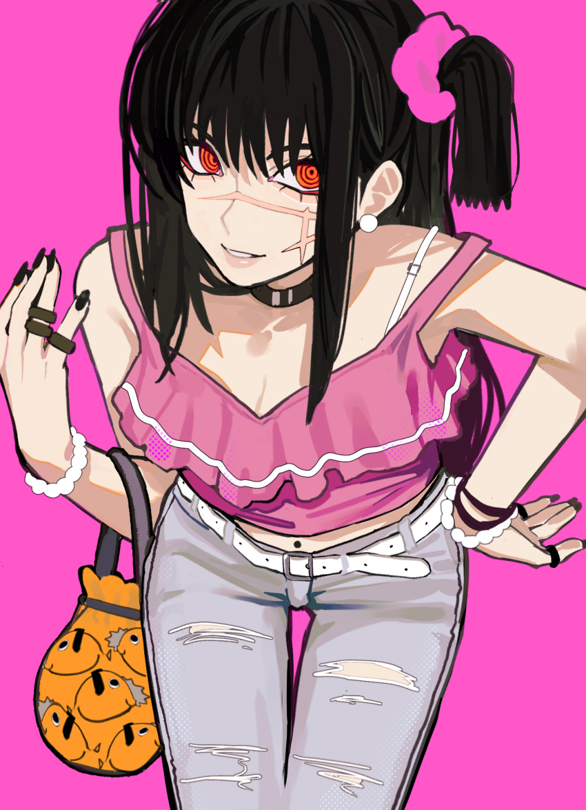 1girl bag black_choker black_hair black_nails bracelet chainsaw_man choker cross_scar earrings frilled_shirt frills hair_ornament hair_scrunchie handbag highres jewelry long_hair looking_at_viewer multiple_rings pants parted_lips pearl_bracelet pearl_earrings pink_background pink_scrunchie pink_shirt pink_theme pochita_(chainsaw_man) red_eyes ring ringed_eyes sailen0 scar scar_on_cheek scar_on_face scrunchie shirt side_ponytail simple_background smile solo torn_clothes torn_pants yoru_(chainsaw_man)