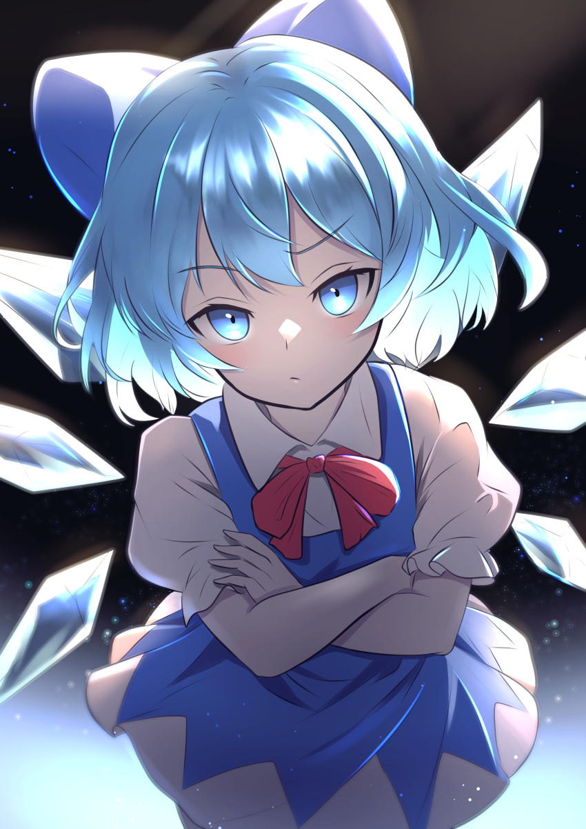 absurdres blue_bow blue_dress blue_eyes blue_hair bow cirno collared_shirt cowboy_shot crossed_arms dark_background dress hair_bow highres ice ice_wings looking_at_viewer neck_ribbon pinafore_dress puffy_short_sleeves puffy_sleeves raised_eyebrow red_ribbon ribbon rinkaito1231 shirt short_sleeves sleeveless sleeveless_dress touhou white_shirt wings