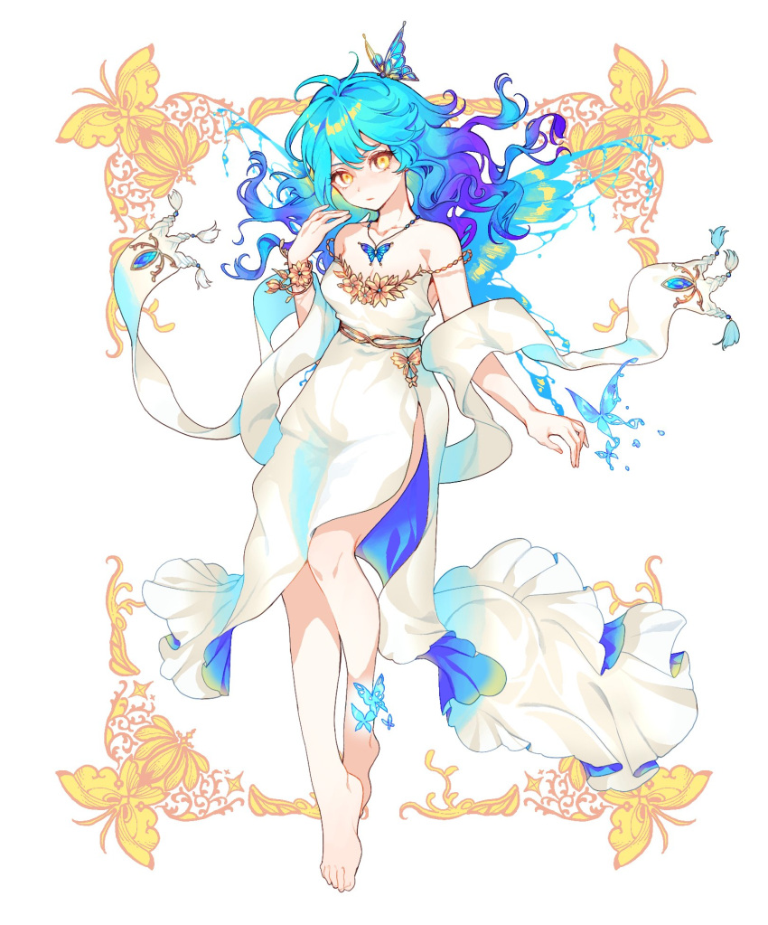 1girl :/ barefoot belt blue_butterfly blue_hair blue_wings breasts bug butterfly butterfly_necklace butterfly_wings cleavage double-parted_bangs dress dress_flower floating_hair flower_bracelet full_body gold_belt gradient_hair hand_up highres jewelry liquid_wings long_dress long_hair looking_at_viewer multicolored_hair necklace original picture_frame purple_hair shawl side_slit simple_background sleeveless sleeveless_dress solo spaghetti_strap strap_slip tassel tuko two-sided_dress two-sided_fabric wavy_hair white_background white_dress white_shawl wings yellow_eyes