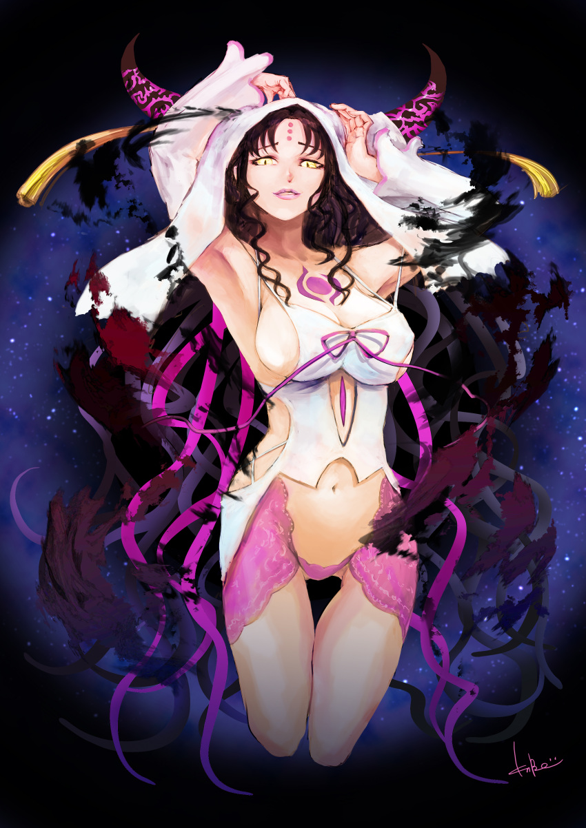 1girl absurdres arms_up black_hair black_horns breasts chest_tattoo cleavage clothing_cutout commentary cropped_legs detached_sleeves dress facial_mark fate/extra fate/extra_ccc fate/grand_order fate_(series) forehead_mark grin highres horns knb_o large_breasts long_hair long_sleeves looking_at_viewer multicolored_hair multicolored_horns navel panties parted_bangs pink_hair pink_horns pink_lips pink_panties pink_ribbon pixiv_fate/grand_order_contest_1 ribbon sessyoin_kiara sideboob sidelocks signature slit_pupils smile solo stomach_cutout stomach_tattoo streaked_hair tassel tattoo underwear very_long_hair white_dress white_sleeves white_veil wide_sleeves yellow_eyes
