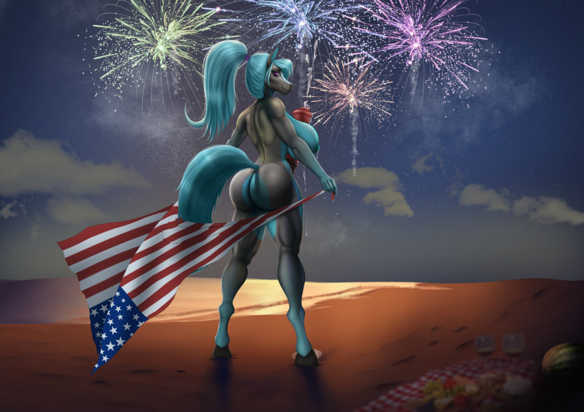 4th_of_july akeno_(itsnafulol) animal_genitalia animal_penis anthro autotitfuck beach big_breasts big_butt bikini_thong blue_hair bodily_fluids breast_play breasts butt clothing container cup drinking_glass ejaculation equid equine equine_genitalia equine_penis female fireworks food fruit genital_fluids genitals glass glass_container glass_cup gynomorph hair hi_res hooves horse intersex looking_back mammal masturbation melon muscular muscular_anthro muscular_female night penile penile_masturbation penis picnic_blanket plant ponytail precum purple_eyes rear_view sea seaside smile solo stars_and_stripes sunstripe swimwear tail underwear united_states_of_america water watermelon wine_glass