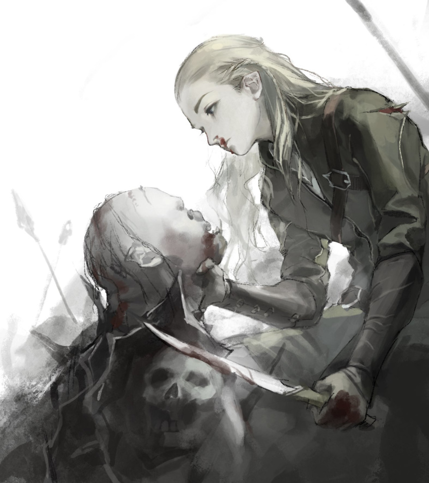 2boys aizheajsee arm_guards bald battlefield belt blonde_hair blood blood_on_face blood_on_hands coat commentary cuts elf from_side hair_behind_ear hair_pulled_back highres holding holding_sword holding_weapon imminent_murder injury legolas long_hair looking_at_another multiple_boys neck_grab nosebleed orc pointy_ears profile short_sword shoulder_spikes spikes strangling sword tolkien's_legendarium torn_clothes weapon