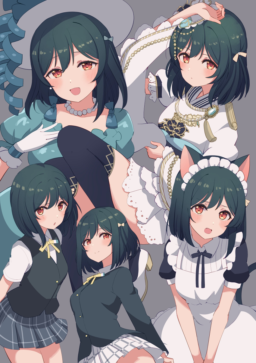 1girl absurdres animal_ears birthday blush breasts cat_ears commentary cream_(nipakupa) dark_green_hair dress earrings emotion_(love_live!) fang green_dress grey_background hair_ribbon hat highres jewelry ketsui_no_hikari looking_at_viewer love_live! love_live!_nijigasaki_high_school_idol_club maid medium_hair mifune_shioriko multiple_views necklace nijigasaki_academy_school_uniform orange_hair ribbon school_uniform small_breasts